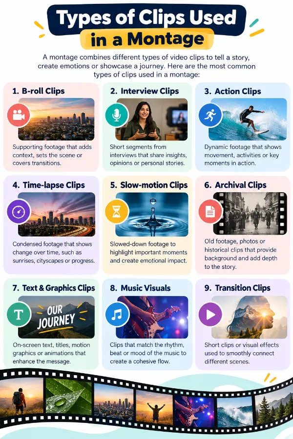 Different types of video clips that can be combined in a montage