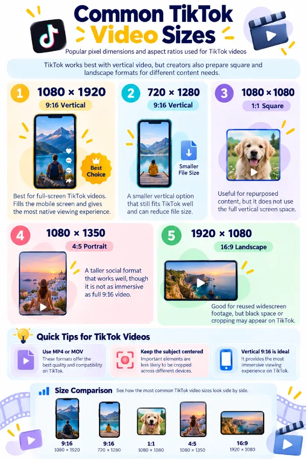 Common TikTok video dimensions and portrait aspect ratios