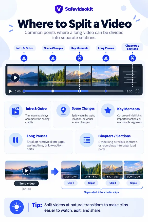 Video timeline showing different points where clips can be divided