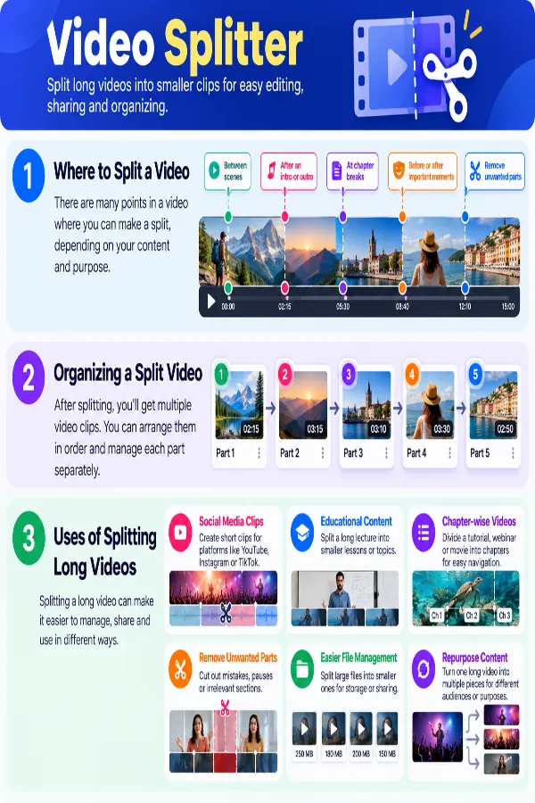 Different uses for splitting long videos into shorter sections