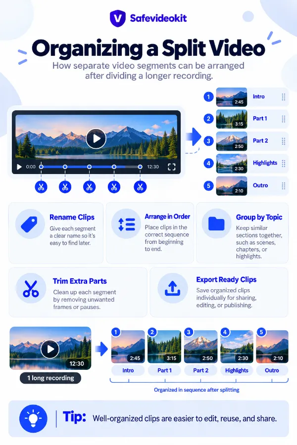 Multiple video segments organized sequentially after splitting