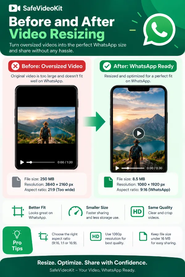 Video compared before and after resizing for Whatsapp
