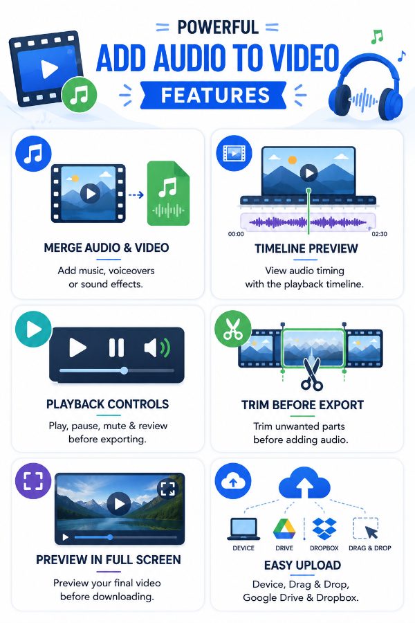 Features of the Add Audio to Video online tool