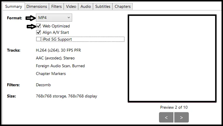 Check the Web Optimized checkbox and select MP4 as format